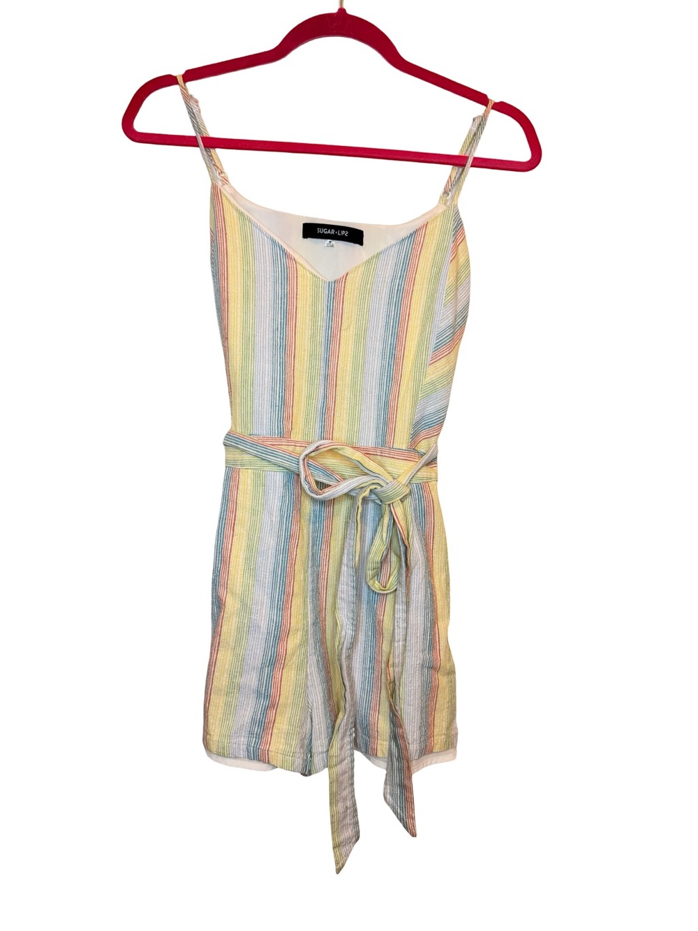 Sugarlips Striped Linen Romper Medium Rainbow Tie Waist Summer Vacation Medium - Picture 3 of 8